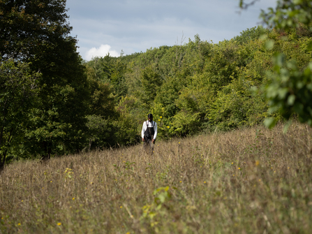 A young person walking through a flower meadow at Hutchinson's Bank surrounded by green and browning vegetation and trees with a blue sky.