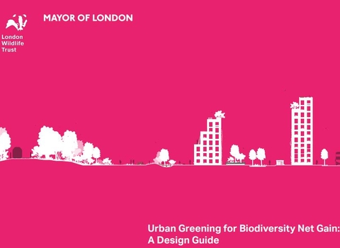 A white graphic of trees and tower blocks on a bright pink background