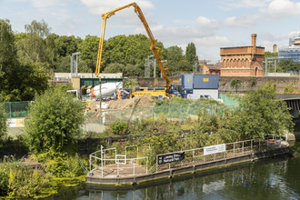 Camley Street construction, the site is visible with a crane