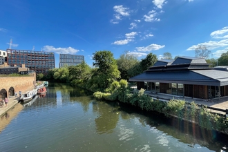 Camley Street canal and city view 2021