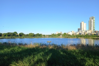 View across water at Woodberry Wetlands with tall buildings in the background