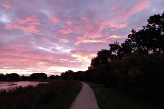 Sunrise over a riverbank pathway lined with trees