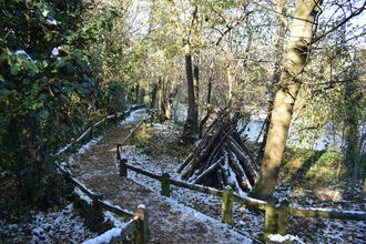 A path through the woods with a light dusting of snow and a pond in the background