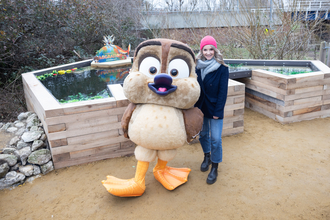 Countryfile presenter Helen Skelton with Gwen Mallard from the film Migration, stood in front of the new pond at Walthamstow Wetlands.