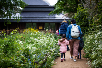 School children and adults walking along the path at Camley Street Natural Park