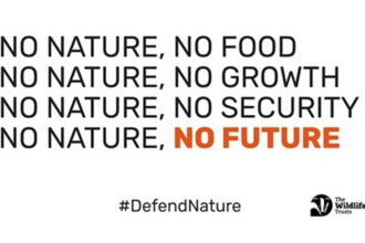 Text over images reads: NO NATURE, NO FOOD NO NATURE, NO GROWTH NO NATURE, NO SECURITY NO NATURE, NO FUTURE#DefendNature