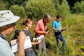 Four people standing with binoculars and booklets looking at the bog