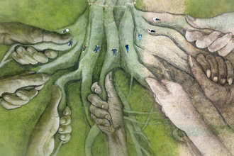 Aerial image of national lottery game changers installation - artwork of hands holding vines in abbey grounds
