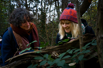Two adults looking at fungi in Gutteridge Wood and Meadows