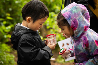 2 children in raincoats looking at bugs in plastic bug jars in the outdoors