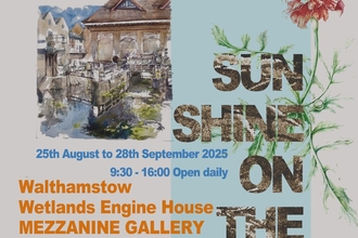An exhibition poster showing a drawing of an old building, pink flower and a river.