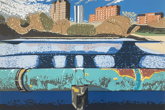 A painting of a water main pipe in the front, flowing water behind. There is an outline of trees and residential blocks of flats in the background, against a blue sky with white clouds.