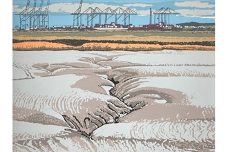 An exhibition poster showing a painting of a river, sedges near the front and reeds in the back. There is an outline of tall buildings, cranes and houses in the background. 