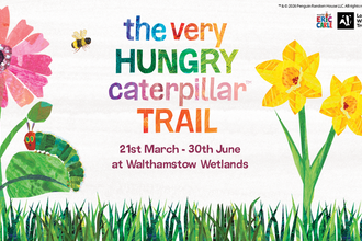 An illustrated poster featuring Eric Carle designs of a pink flower, yellow daffodils, a bee, and The Very Hungry Caterpillar. It reads 'The Very Hungry Caterpillar Trail. 21st March - 30th June at Walthamstow Wetlands"