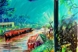 A painting of boats along banks of a river, with a signposting sign at the front to Walthamstow Town Centre
