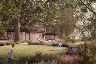 A CGI projection of Grosvenor Square showing children playing on grass surrounded by trees and wildflowers with the education centre in the background