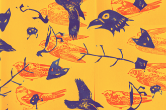 Print of animals and trees in purple on top of a yellow print of birds.