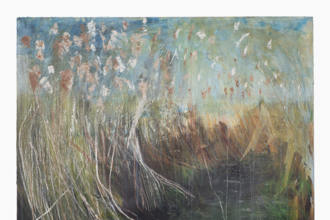 A painting of yellow stalks of reeds and blue-green water flowing in between