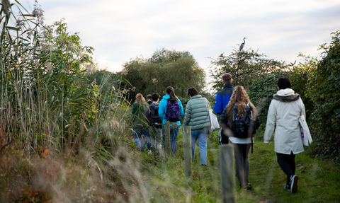 Young people walking away along natural path