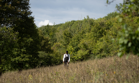 A young person walking through a flower meadow at Hutchinson's Bank surrounded by green and browning vegetation and trees with a blue sky.