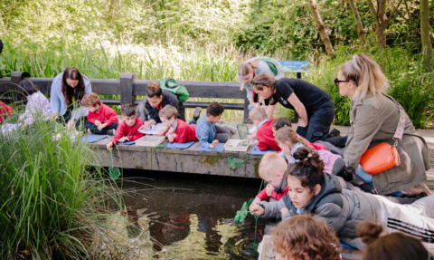 A group of school children pond dipping from a platform around a pond © Katrina Duffey