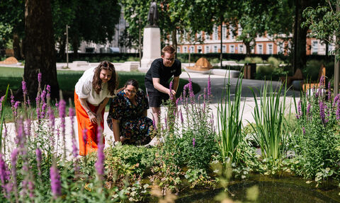 Three people smiling and looking at a small pond surrounded by purple flowers in a sunny park.