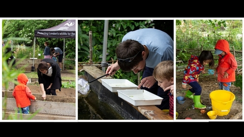 Family activities in outdoor classroom at Walthamstow Wetlands.