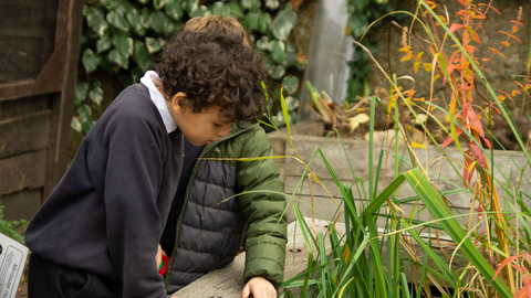 Two children peer into a pond