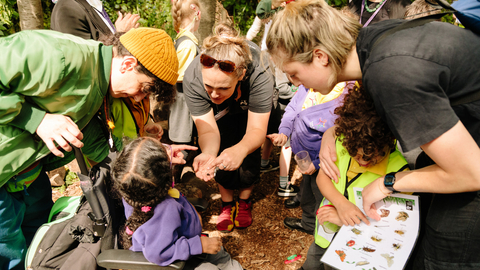 A group of individuals gathered around a child in a wheelchair, looking at a mini beast in someone's hand