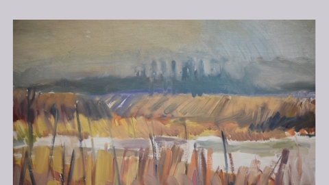 Text reads Crossing a bridge. Image displaying reeds and a river.