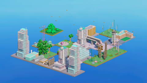 Image of software generated buildings and green spaces.
