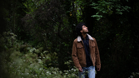 A person walking through a woodland habitat