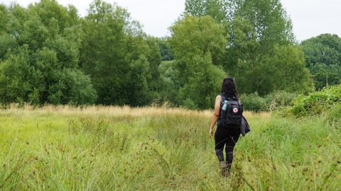 Woman walking through Fray's Farm Meadows
