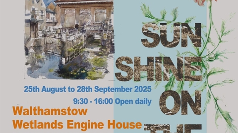 An exhibition poster showing a drawing of an old building, pink flower and a river. 