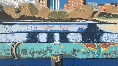A painting of a water main pipe in the front, flowing water behind. There is an outline of trees and residential blocks of flats in the background, against a blue sky with white clouds.