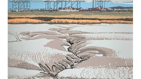 An exhibition poster showing a painting of a river, sedges near the front and reeds in the back. There is an outline of tall buildings, cranes and houses in the background. 