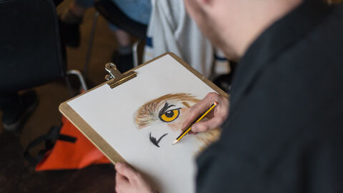 Viewed from behind, a person sketches the head of an owl on a sketchboard.
