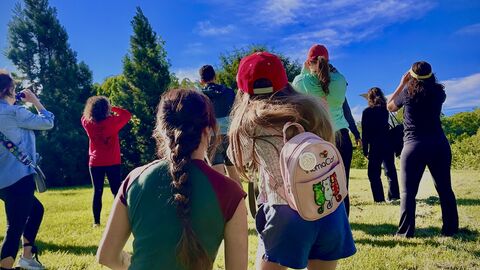 A group of people with their backs to the camera, looking at the blue sky