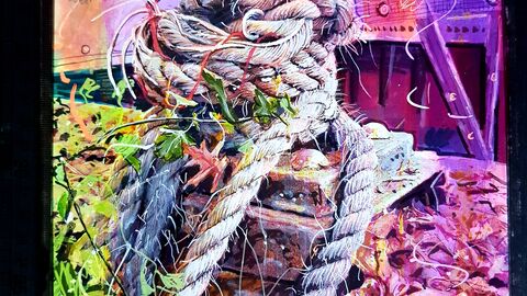 A painting of a rope together with a black and red pens, and a tub of paint