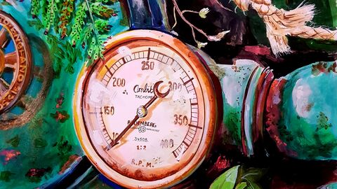 A painting of industrial Victorian dial and a pipe in the background, with a fern leaf hanging over