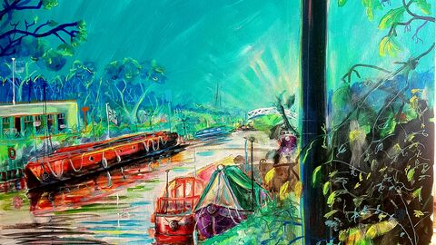 A painting of boats along banks of a river, with a signposting sign at the front to Walthamstow Town Centre