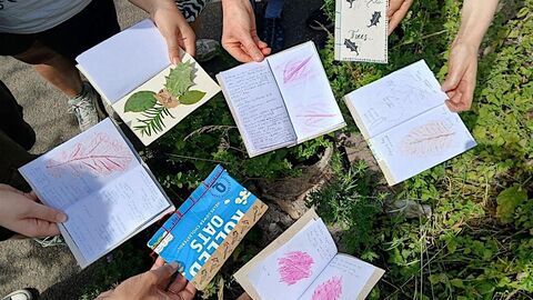 Hands holding hand made books with items from nature in them over a patch a grass