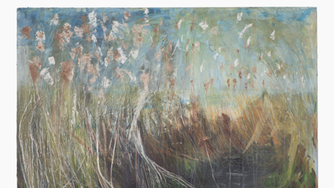 A painting of yellow stalks of reeds and blue-green water flowing in between