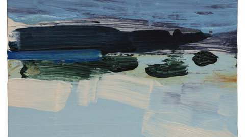 A blue, black, green, white and lighter blue painting by artist Will Handysides, called Salix Asylon