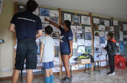 Young person pointing to bird photos 