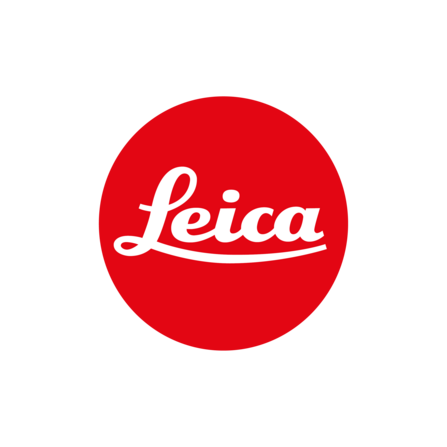 A red circle logo with white writing reading Leica