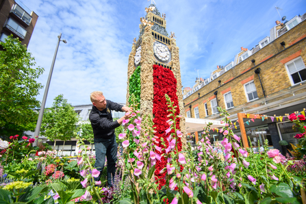 Big Ben floral instal-lation  A person stood work-ing on a large floral sculpture of Big Ben made of red roses, moss and green vege-tation. Below is a carpet of flowers and foxgloves. 