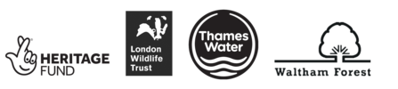 Heritage Fund, London Wildlife Trust, Thames Water and Waltham Forest logos in black and white