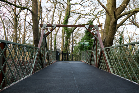 A restored metal footbridge with green lattice railings in a wooded area.