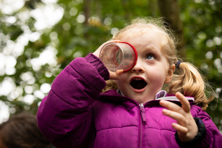 A small child looks into a bug jar with an expression of wonder